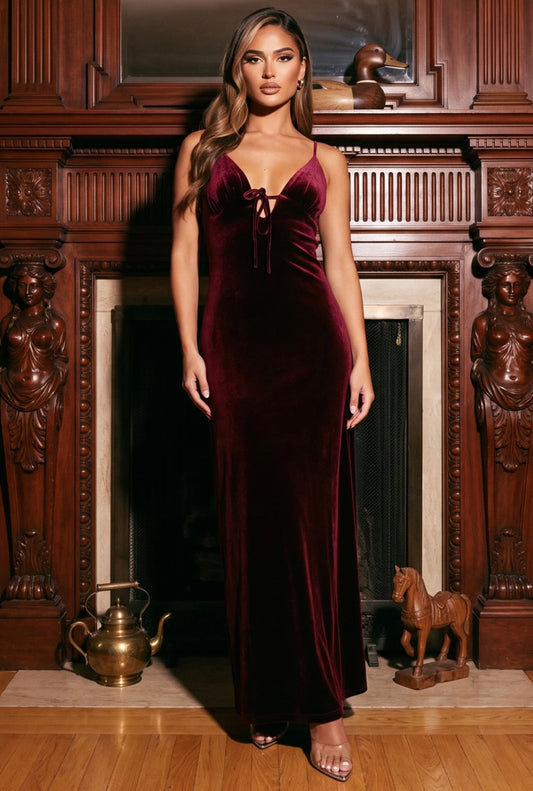 The Siren Velvet Maxi - in Burgundy Wine