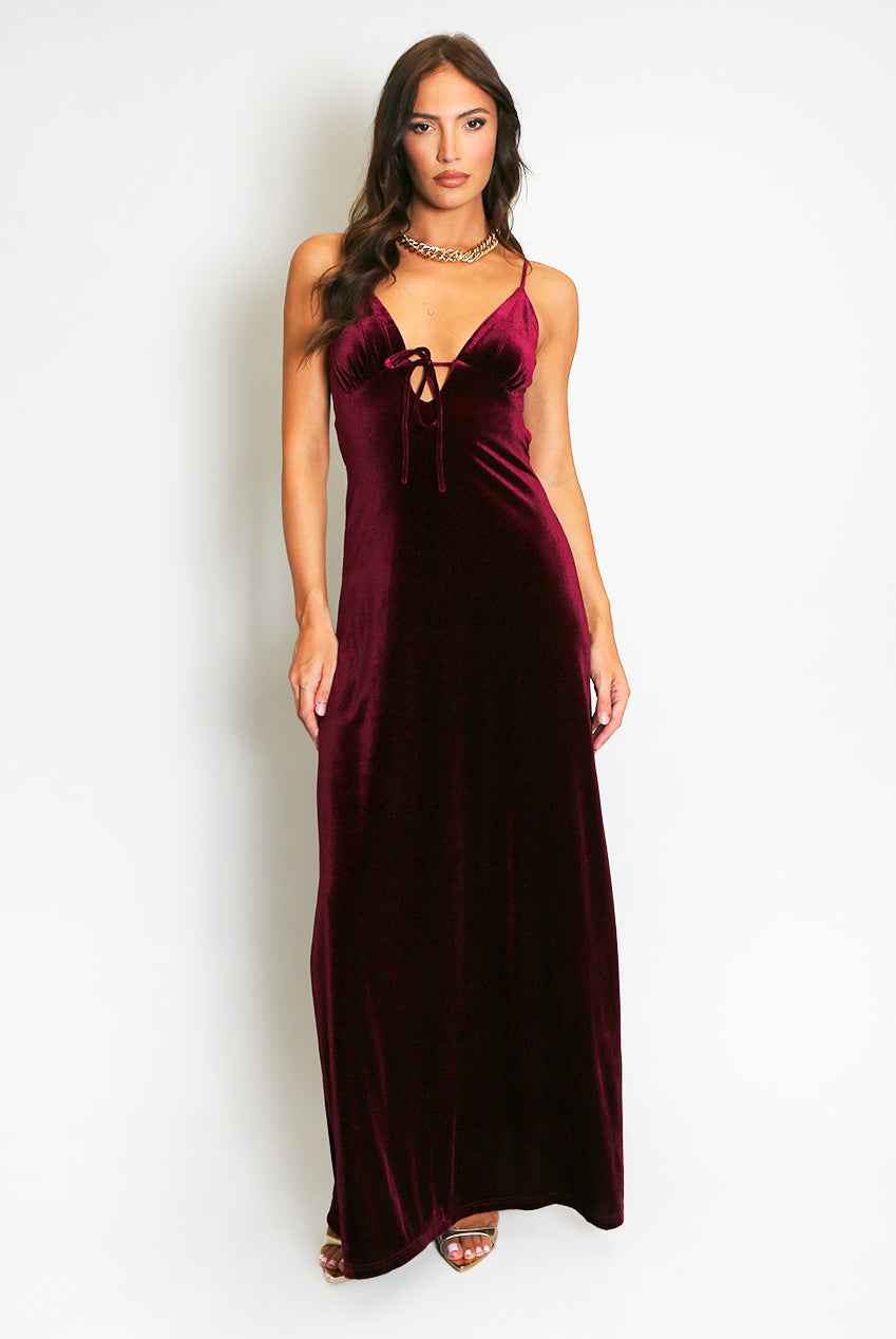 The Siren Velvet Maxi - in Burgundy Wine