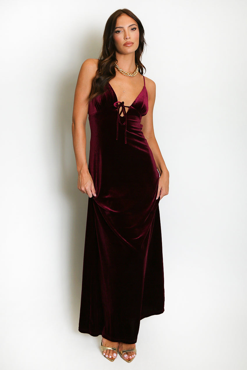 The Siren Velvet Maxi - in Burgundy Wine