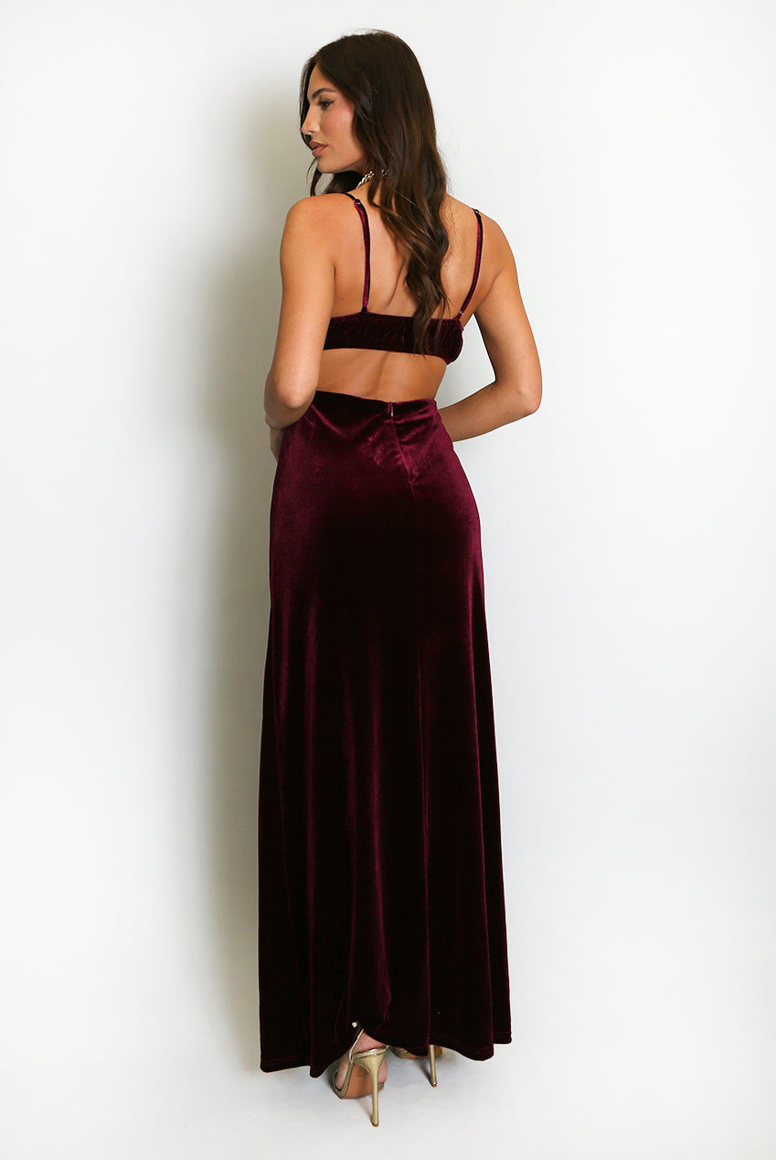 The Siren Velvet Maxi - in Burgundy Wine