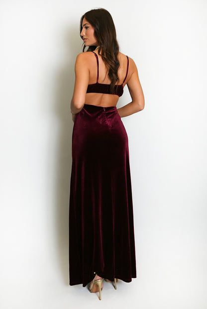 The Siren Velvet Maxi - in Burgundy Wine